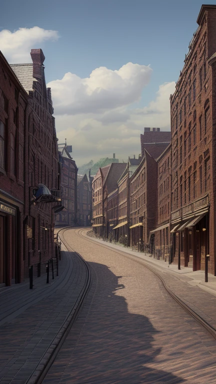 a provincial town in the 19th century, crossroads street, a bar, a hotel, (best quality,4k,8k,highres,masterpiece:1.2),ultra-detailed,(realistic,photorealistic,photo-realistic:1.37),detailed architecture, cobblestone streets, brick buildings, wood buildings, ornate facades, steam locomobiles