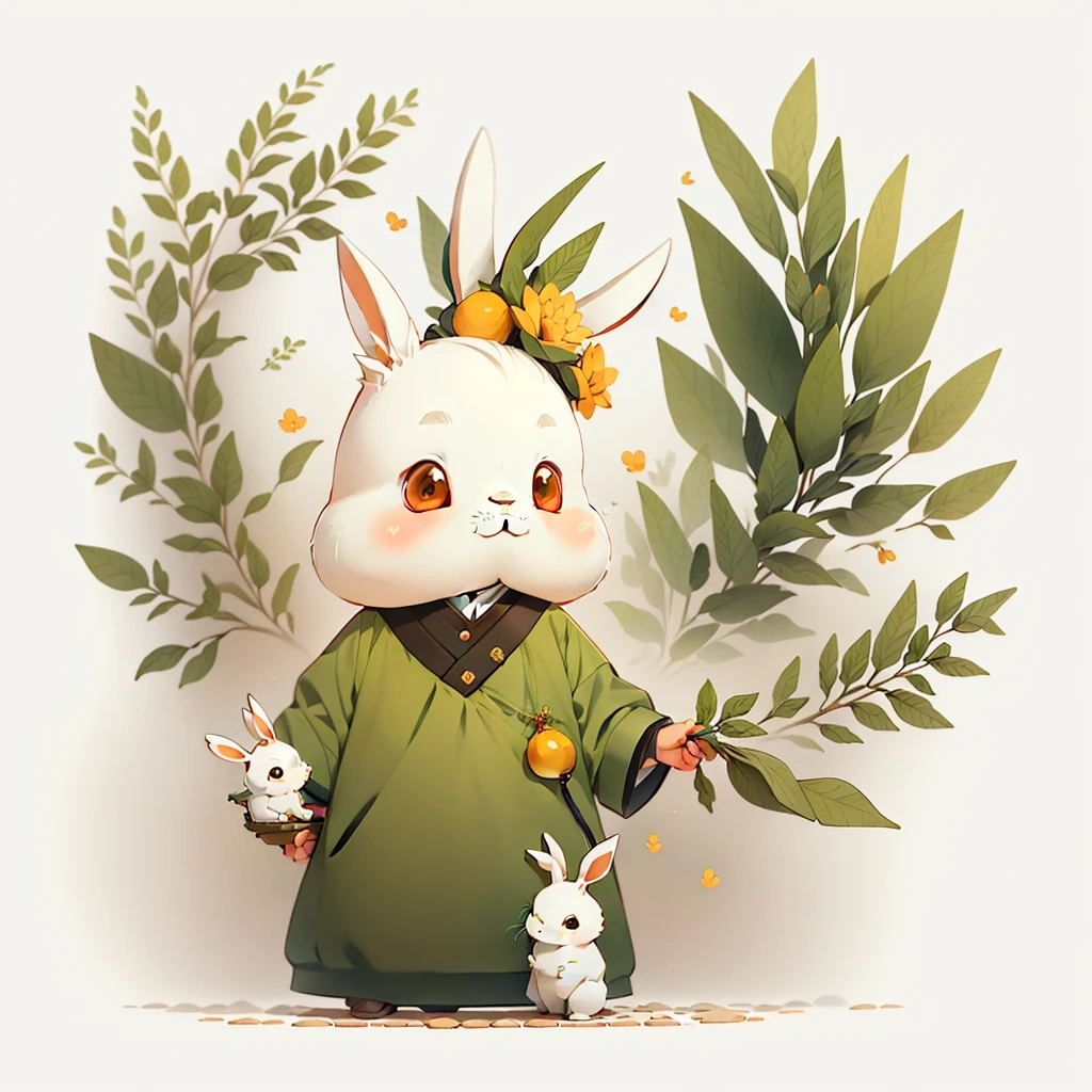 A cute anthropomorphic rabbit,There is a golden osmanthus flower on the head,flat illustration, Simple background, (White background:1.3), simplistic design, A masterpiece of vibrant colors, Best quality, Ultra-detailed, High quality, 4K
