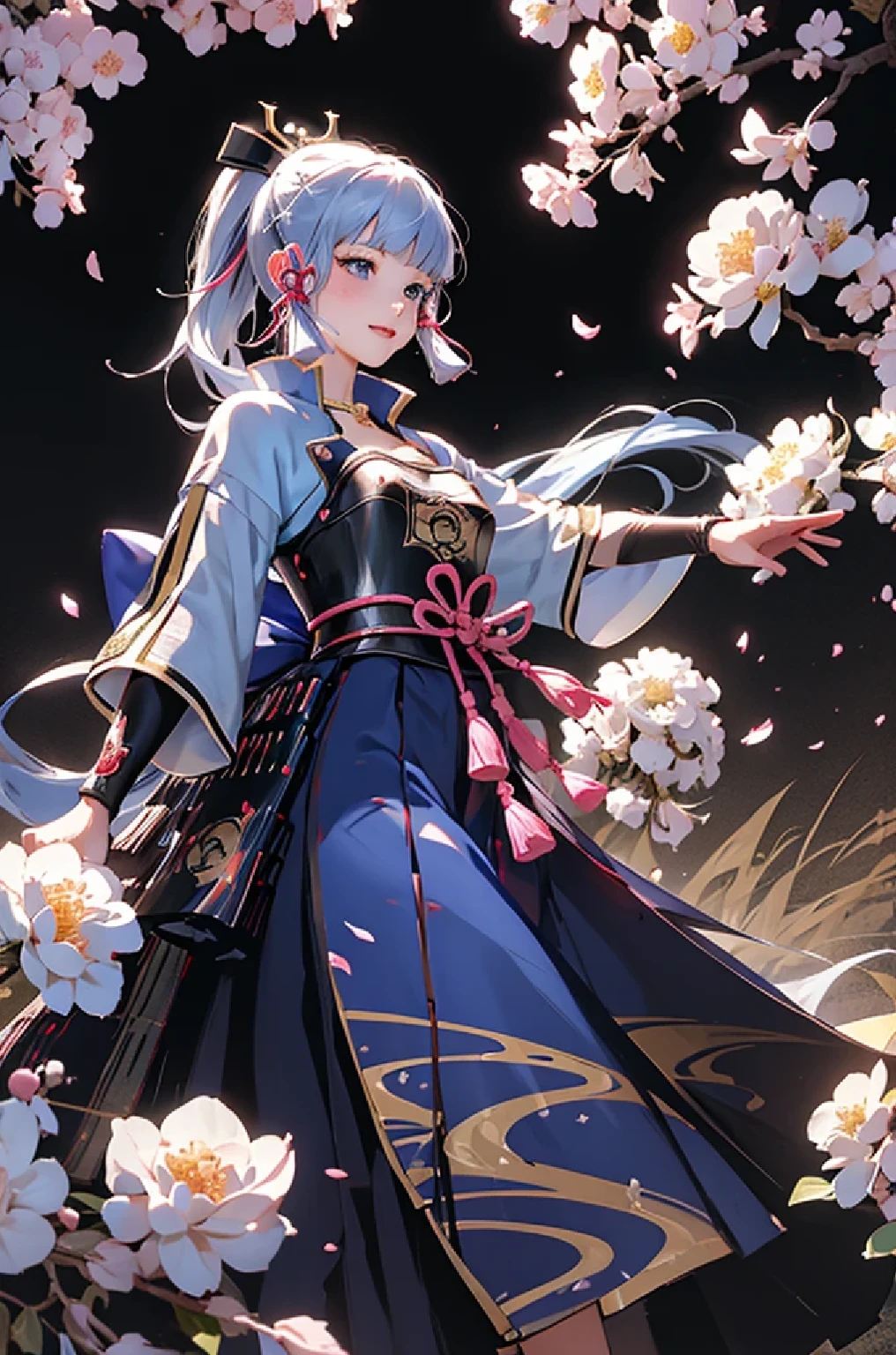((kamisatoayakadef)),1 Anime Girl, Warrior, Realistic people,Realistic, beautiful, smile, elegant, Majestic, Splash Art, Particles of light, Diamond Blade, Dynamic pose, ((fan、Have a fan))((Expand your fan base)),milky way, (Fractal Art:1.1),(Ice Flower:1.4), Most detailed,(Abstract background:1.1), (Shiny skin), (Many colors:1.4), Ultra-high resolution,, masterpiece, Accurate, Anatomically correct, texture.(background:Cherry tree、Cherry Blossom、petal、wind、旋wind)
