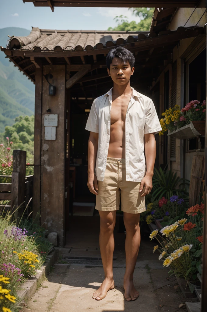 full body view Sony a7 IV Mirrorless Camera, natural light, analog film photo, Kodachrome, A young Indonesian man is standing, he is holding flowers, mountain background, posing like a model