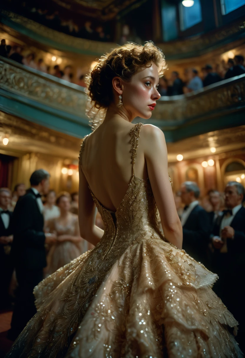 Evening Dress, theater, by nan goldin, RAWphoto, 35mm photograph, bokeh, best quality, masterpiece, very aesthetic, perfect composition, intricate details, ultra-detailed