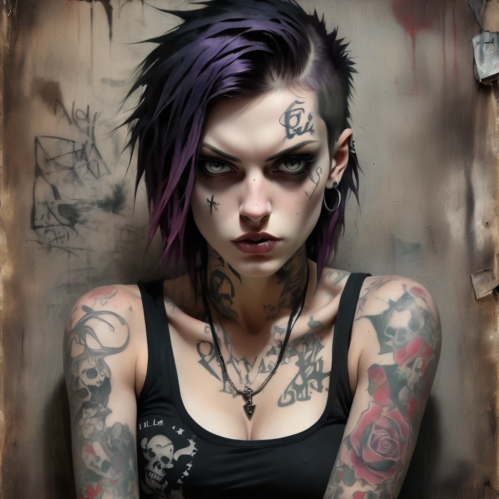 portrait of a female rocker, expressive eyes, tattoos, attitude, sultry, pictorialism, dystopian, grim dark, goth, chiaroscuro, contrast, surrealism, gritty background, background grunge graffiti wall,