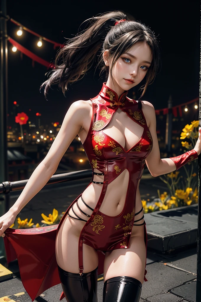 (RAW photo, best quality), Cute girl with short black hair, (ponytail), (city roof at night background), low light , dark eyeliner, cute smile, gorgeous face , super cute, 18 years old , young looking, hyper detailed face, dark eyeliner, (medium breast), (thin waist, super slender), (bare shoulders, (exposed hips), skintight and red PVC qipao china dress with yellow dragon decoration and vivid patterns, deep black leather thigh high boots, ((red PVC arm sleeves with yellow flower decorations and vivid patterns)), cleavage, ((both hands on waist)), one leg in front of the other, (((very extremely small small navel exposure))), (metal silver belt)