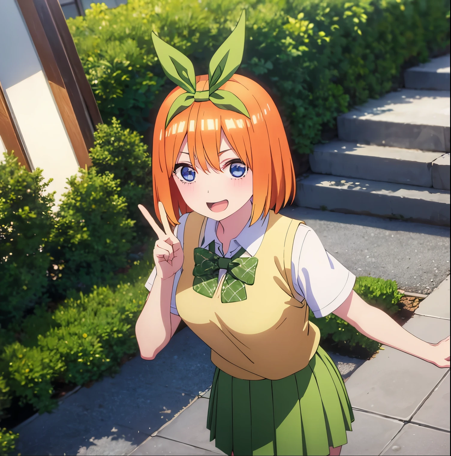 1girl,alone,yotsuba nakano,masterpiece,detailed,looking at viewer,best quality,high resolution,short hair,orange hair,headband,green ribbon,headband,green bow,collared shirt,vest,yellow sweater, short sleeves, green skirt, green pleated skirt, short skirt, white calf-length dresses, peace sign, smile, outdoorsJapanese park, cherry trees, standing, in front, focus on breasts, pov (from middle ), perfect anatomy, perfect hands