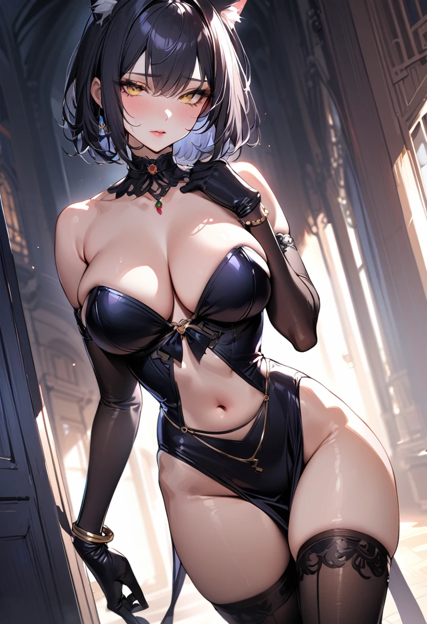 (masterpiece:1.2), (highest quality:1.2), 1girl, breasts, solo, animal-ears, gloves, black-hair, yellow-eyes, elbow-gloves, short-hair, thigh-highs, large-breasts, cleavage, bare-shoulders, cat-ears, black-gloves, collarbone, grey-skin, lips, navel, pelvic-curtain, looking-at-viewer, jewelry, standing, boots, bracelet, black-thighhighs, strapless, closed-mouth, thigh-boots