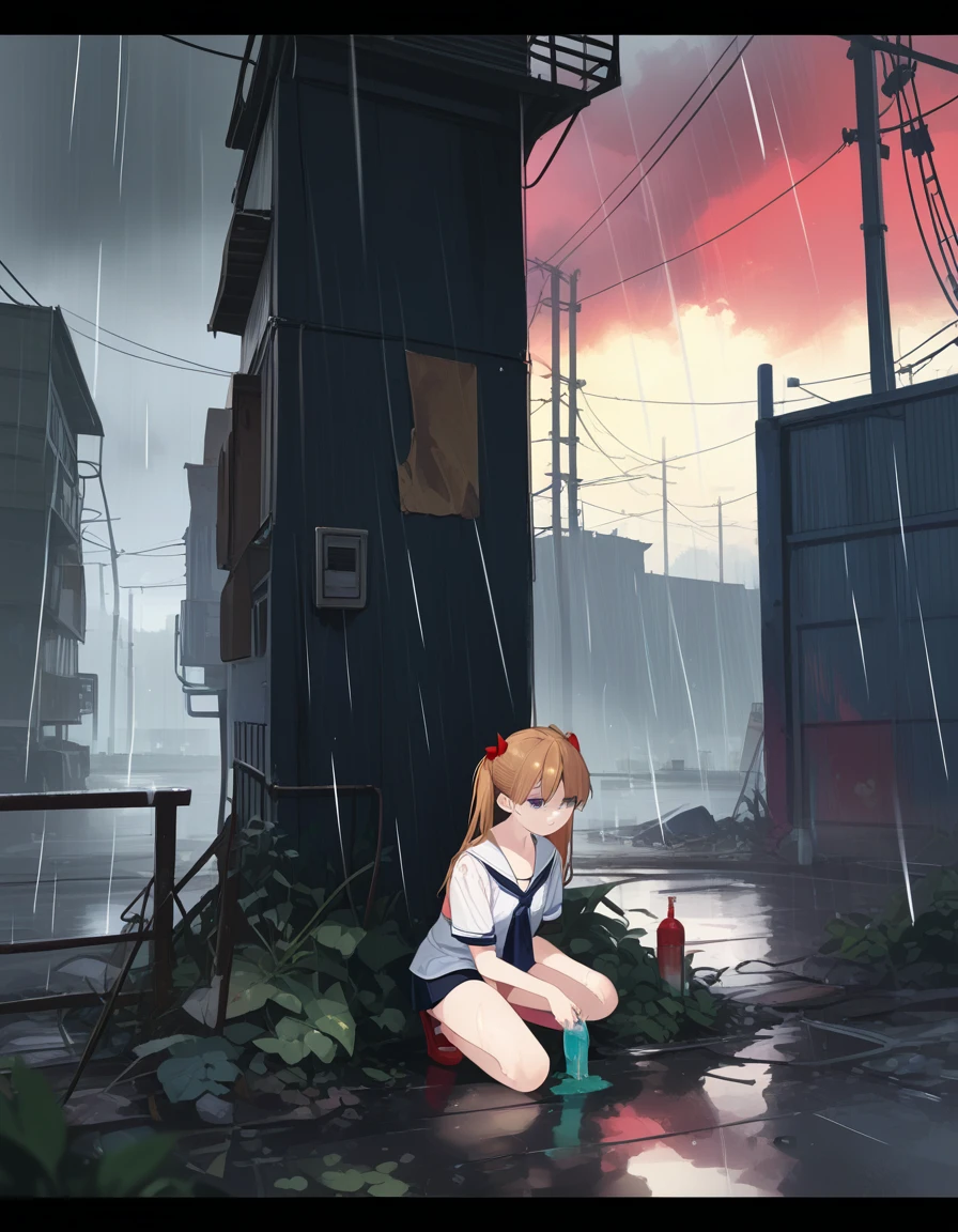 score_9,score_8_up,score_7_up,hd5,ama_mitsuki,1girl,souryuu asuka langley, expressionless, short sleeves serafuku,full body,kneeling in liquid,hair flip,wasteland,post-apocalypse, destroyed city,red sky,black cloud,wet,rain