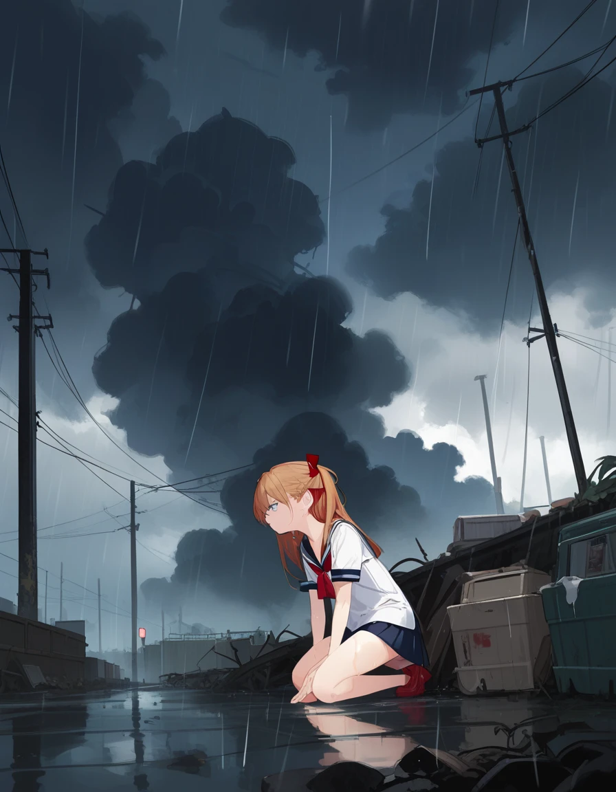 score_9,score_8_up,score_7_up,hd5,ama_mitsuki,1girl,souryuu asuka langley, expressionless, short sleeves serafuku,full body,kneeling in liquid,hair flip,wasteland,post-apocalypse, destroyed city,red sky,black cloud,wet,rain