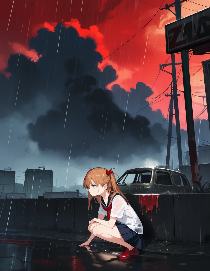 score_9,score_8_up,score_7_up,hd5,ama_mitsuki,1girl,souryuu asuka langley, expressionless, short sleeves serafuku,full body,kneeling in liquid,hair flip,wasteland,post-apocalypse, destroyed city,red sky,black cloud,wet,rain