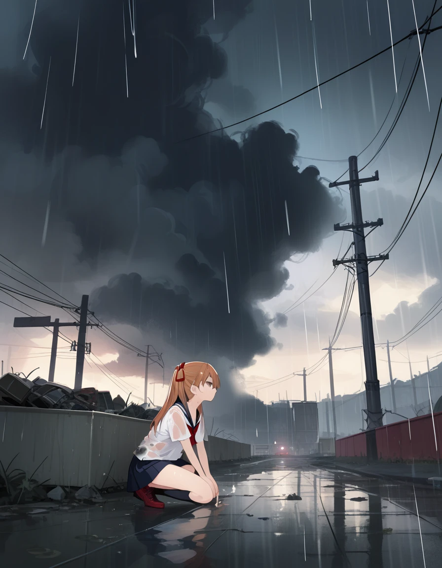 score_9,score_8_up,score_7_up,hd5,ama_mitsuki,1girl,souryuu asuka langley, expressionless, short sleeves serafuku,full body,kneeling in liquid,hair flip,wasteland,post-apocalypse, destroyed city,red sky,black cloud,wet,rain