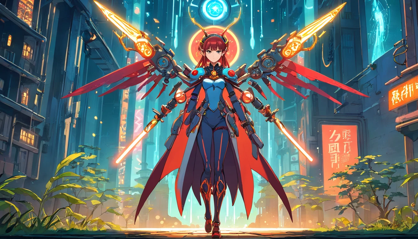 Niji mode.  Full body, vampire elf wizard, secret agent, wearing a thin and elegant suit with glowing magic circuits, holding a long sword with glowing magic carvings and long handle, technological boot with glowing magic circuits, ruby ​​eyes, dark red hair, orange skin , bright red tattoos, ruby ​​piercings, looking at the viewer, detailed face.  Atompunk, android, cyborg, mechanical parts with magic stones, magic glowing eyes, advanced technology mixed with magic, magic circuits, gears made of magic materials, developed by Technological Magic.  Walking in the middle of a magical atompunk metropolis mixing technology and vegetation, particle effects, wide and deep scenery, with multiple planes of depth, cinematic and dynamic scene with a sense of movement, view of magical bright lights reflecting the scene, stylish pose, aura lights, glowing technological cables, epic atmosphere, magic tools, old anime style, Studio ghibli, metal hurlant, artbook, RPG fantasy.