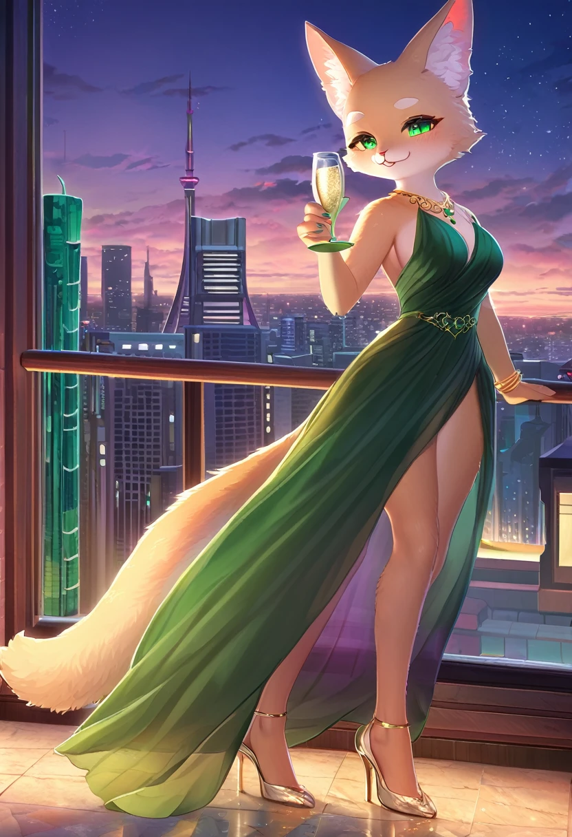 ((Masterpiece)), ((Best Quality)), (Very Detailed), ((Very Detailed)), 4K, (8K), very aesthetic, absurdres highres, 1 female, anthropomorphic cat, furry, kemono, solo, On the rooftop of a skyscraper overlooking the urban skyline, a woman in an emerald green evening dress holds a glass of champagne during a lively party. The chiffon fabric of the dress reflects in the light. The woman's face is full of happiness, with a gold bracelet on her wrist and silver high heels on her feet.