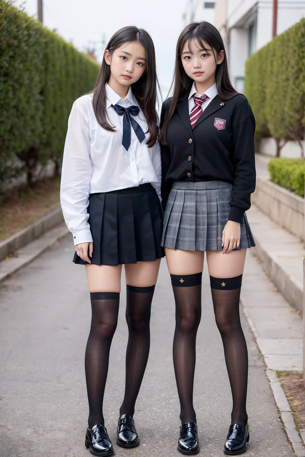 (Realisticな紺色ブレザーの制服を着用しています), ((High school girls always wear black stockings.)), (8K), (Highest quality: 1.2), (Realistic: 1.2), Ultra-high resolution, Very detailed, Golden Ratio, (RAW Photos:1.1), (Two high school girls are standing facing this way.),((Full body portrait)), (Wide thighs),Japanese high school girls, 19 years old, Detailed skin, Enako&#39;s face, Super cute face, (F Cup Big:1.3), Cleavage, Put your hands on your hips, (Realisticな紺色ブレザーの制服を着用しています:1.7), (Winter uniforms), (The pleated mini skirt is very short:1.4), (A huge, ejaculating penis grows from his crotch and is completely exposed.:1.0), (Wide thighsと長い脚:1.3), ((Wide thighs)), ((Shiny black stockings:1.3)), ((High school girls always wear black stockings.)), (Wearing high heel loafers)