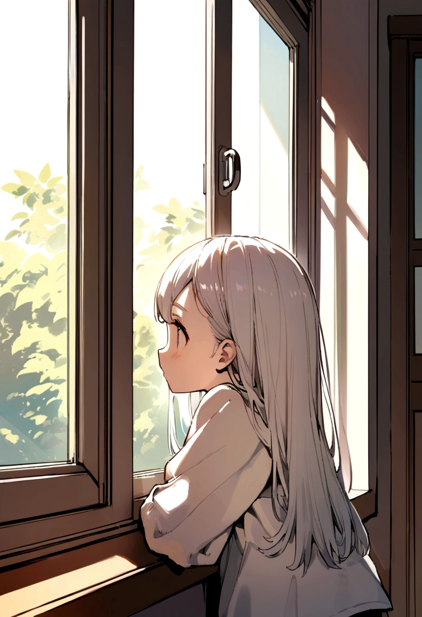 1littlegirl, 10years, white long hair, with his back turned, looking to a school from afar, leaning against the window, outside.