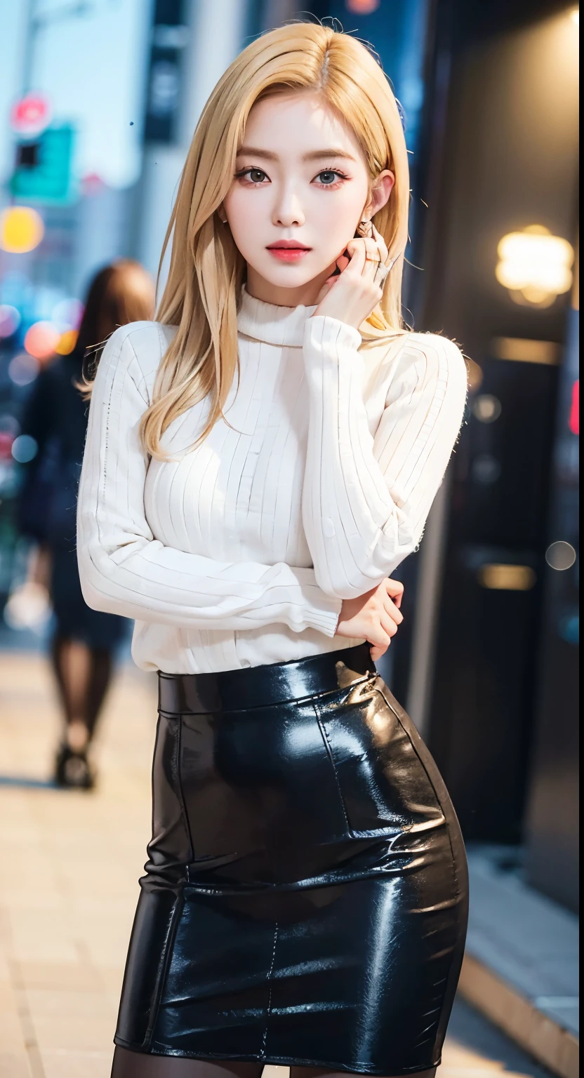 European and American women, A fashion model, Wear a pencil skirt, Glamour, paparazzi taking pictures of her, Blonde hair, Brown eyes, 8K, High quality, Masterpiece, Best quality, HD, Extremely detailed, voluminetric lighting, Photorealistic