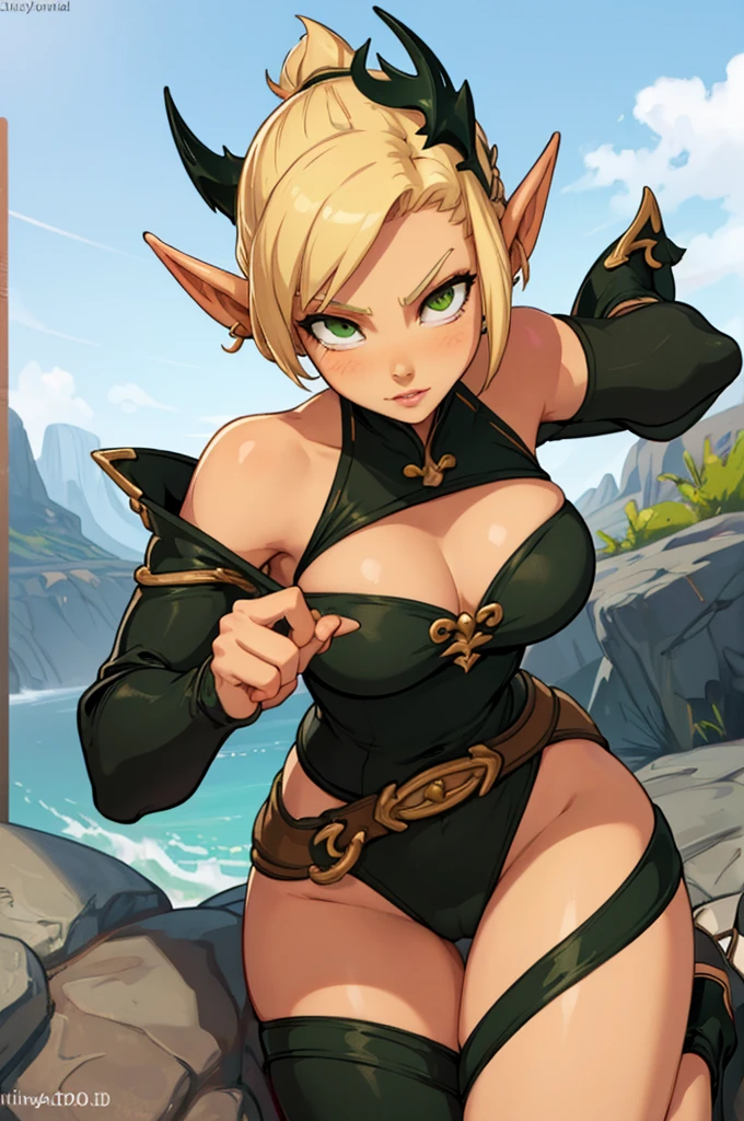 ((ultra quality)), ((masterpiece)), Evangelyne - Wakfu, Wakfu style, ((blonde short hair, evangelina hairstyle)), (Beautiful face), (beautiful female lips), (elven long ears), charming, ((y facial expression)), looks at the camera, eyes slightly open, (skin color white), (White skin), glare on the body, ((detailed beautiful female eyes)), ((dark green eyes)), (juicy female lips), (dark eyeliner), (beautiful female hands), ((ideal female figure)), ideal female body, beautiful waist, gorgeous thighs, beautiful large bre(subtle and beautiful)), sexy sits ose up of face), (black clothes Evangelyne - wakfu season 1, clothes from the first season of the animated series, white top) background: the forest, ((depth of field)), ((high quality clear image)), (clear details), ((high detail)), realistically, professional photo session, ((Clear Focus)), anime