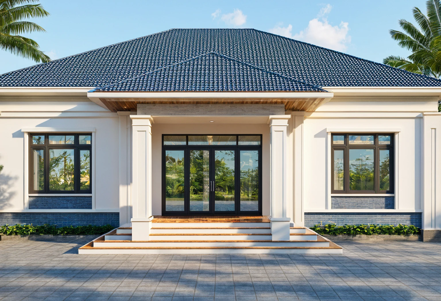 Raw photo,Masterpiece, high quality, best quality, authentic, super detail,
exterior, outdoors, house, Nhamainhat, aiaigroup on the tropical garden, minimalist line,onestoreyvilla, modern style, gray tile roof
brick yard,grass,tropical trees, sky, (day:1.1),Tropical garden background