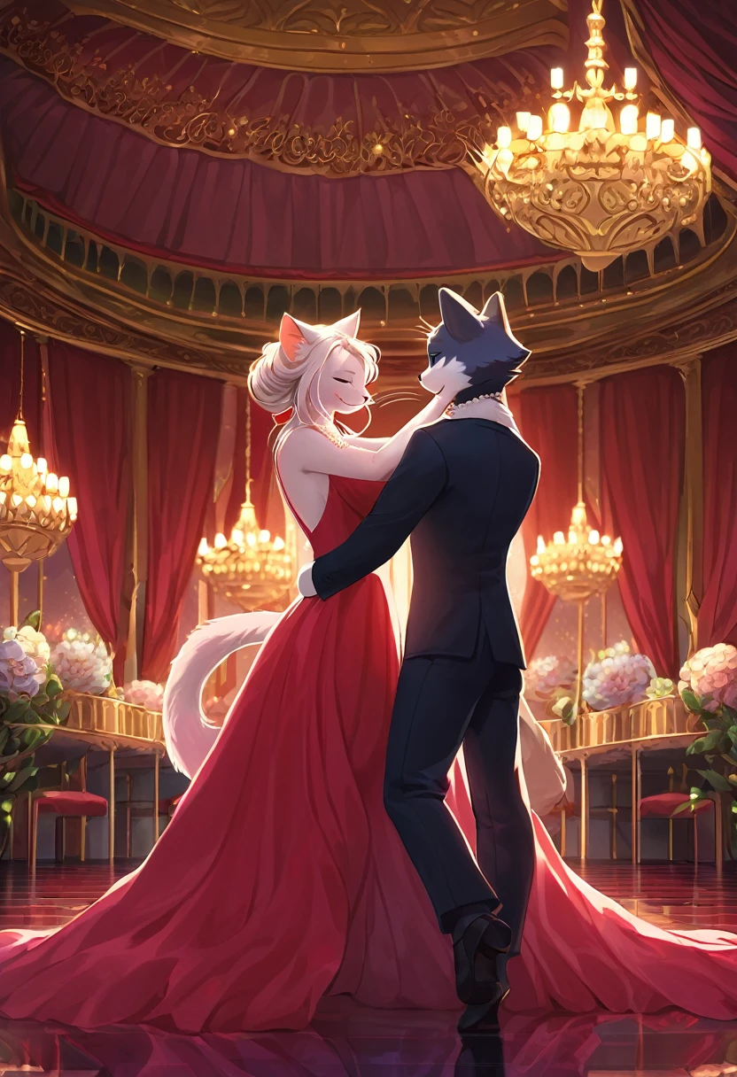 ((Masterpiece)), ((Best Quality)), (Very Detailed), ((Very Detailed)), 4K, (8K), very aesthetic, absurdres highres, 1male, anthropomorphic cat, furry, kemono, solo, In a luxurious palace ballroom, a woman in a red evening dress with an open back dances in the center of the dance floor.The mood is romantic and dreamy, and the dress sways with her movements. , reflecting the light from the surrounding chandeliers.A pearl necklace hangs around the woman's neck, highlighting the velvet texture of her dress,