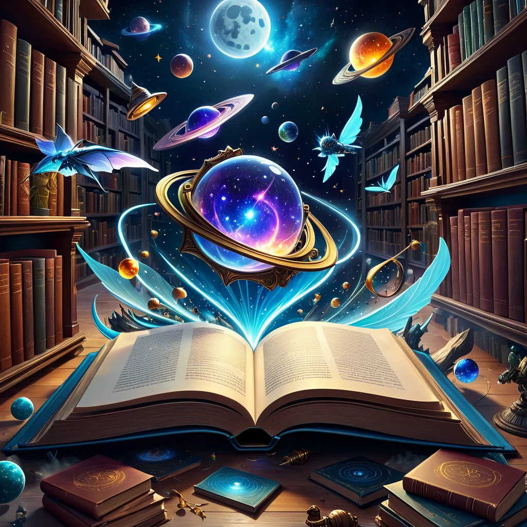 An open book with volumetric objects on its pages with a bunch of different things flying out of it, fantasy book illustration, 3D epic illustrations, science fantasy painting, fantasy book, Library of Outer Space, surreal and fantasy art, fantasy role-playing game book illustration, fantasy surrealism, epic surrealism 8k oil painting, detailed book illustration, storybook art, highly detailed magical fantasy art