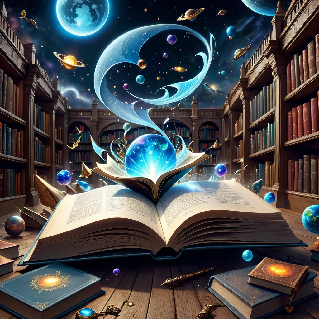 An open book with volumetric objects on its pages with a bunch of different things flying out of it, fantasy book illustration, 3D epic illustrations, science fantasy painting, fantasy book, Library of Outer Space, surreal and fantasy art, fantasy role-playing game book illustration, fantasy surrealism, epic surrealism 8k oil painting, detailed book illustration, storybook art, highly detailed magical fantasy art