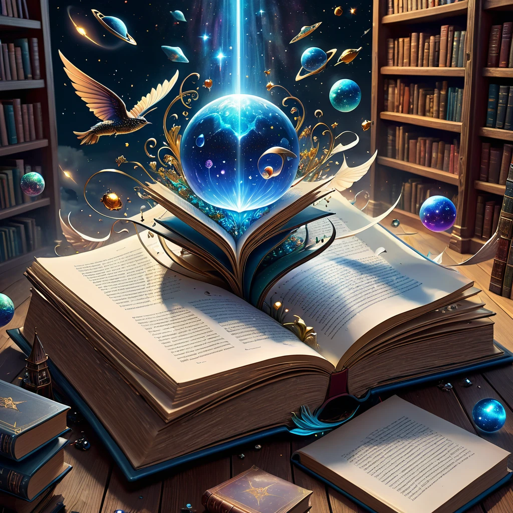 An open book with volumetric objects on its pages with a bunch of different things flying out of it, fantasy book illustration, 3D epic illustrations, science fantasy painting, fantasy book, Library of Outer Space, surreal and fantasy art, fantasy role-playing game book illustration, fantasy surrealism, epic surrealism 8k oil painting, detailed book illustration, storybook art, highly detailed magical fantasy art