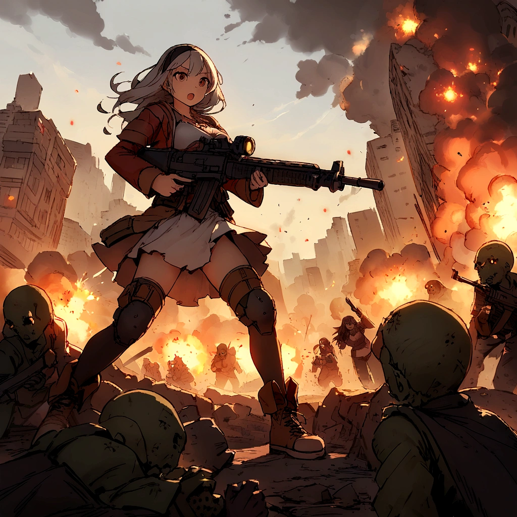Girl with machine gun attacking zombie hordes in devastated city,explosions,loimu,