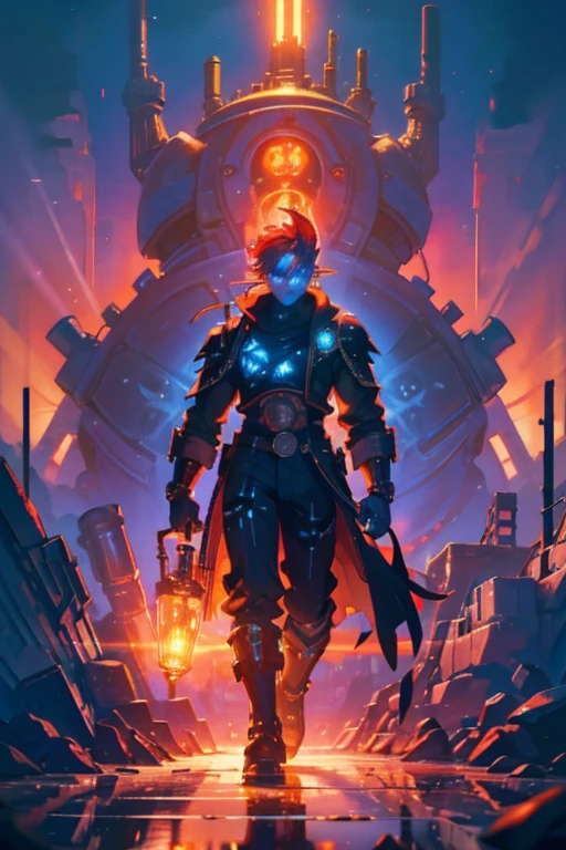 Niji mode. Full body, vampire elf wizard, secret agent, wearing a thin and elegant suit with glowing magic circuits, holding a long sword with glowing magic carvings and long handle, technological boot with glowing magic circuits, ruby eyes, dark red hair, orange skin , bright red tattoos, ruby piercings, looking at the viewer, detailed face. Atompunk, android, cyborg, mechanical parts with magic stones, magic glowing eyes, advanced technology mixed with magic, magic circuits, gears made of magic materials, developed by Technological Magic. Walking in the middle of a magical atompunk metropolis mixing technology and vegetation, particle effects, wide and deep scenery, with multiple planes of depth, cinematic and dynamic scene with a sense of movement, view of magical bright lights reflecting the scene, stylish pose, aura lights, glowing technological cables, epic atmosphere, magic tools, old anime style, Studio ghibli, metal hurlant, artbook, RPG fantasy.