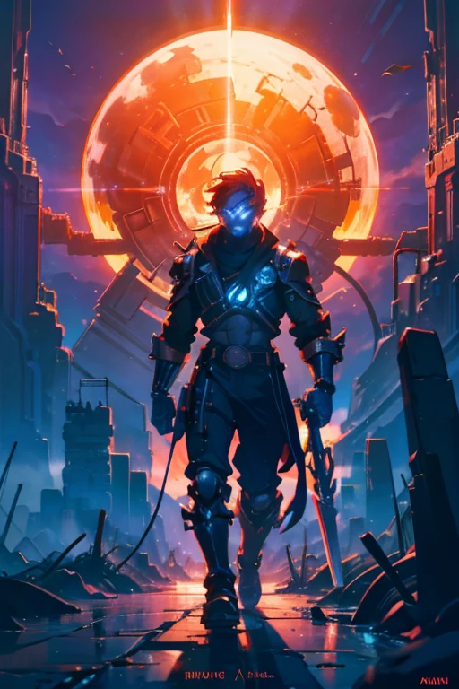Niji mode.  Full body, vampire elf wizard, secret agent, wearing a thin and elegant suit with glowing magic circuits, holding a long sword with glowing magic carvings and long handle, technological boot with glowing magic circuits, ruby ​​eyes, dark red hair, orange skin , bright red tattoos, ruby ​​piercings, looking at the viewer, detailed face.  Atompunk, android, cyborg, mechanical parts with magic stones, magic glowing eyes, advanced technology mixed with magic, magic circuits, gears made of magic materials, developed by Technological Magic.  Walking in the middle of a magical atompunk metropolis mixing technology and vegetation, particle effects, wide and deep scenery, with multiple planes of depth, cinematic and dynamic scene with a sense of movement, view of magical bright lights reflecting the scene, stylish pose, aura lights, glowing technological cables, epic atmosphere, magic tools, old anime style, Studio ghibli, metal hurlant, artbook, RPG fantasy.