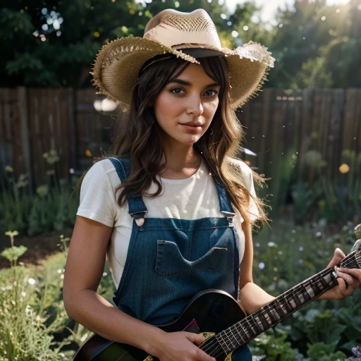 Kale, beautiful girl, cowboy hat, funny fingers, Make-up natural, in tight-fitting garden overalls, colors, play guitar, field with lights, hyper detail, mystical light light