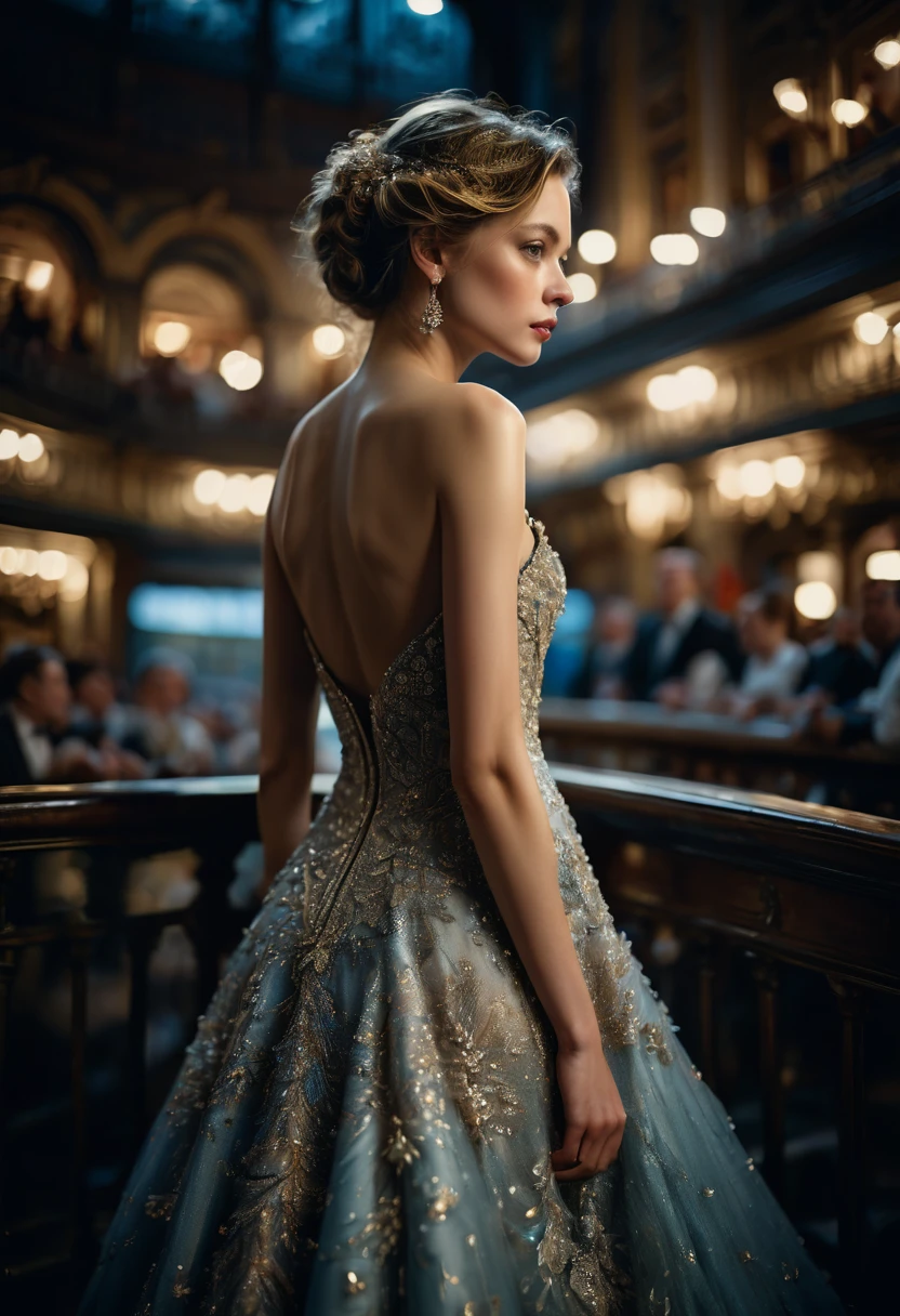 Evening Dress, theater, by Peter Lindberg, RAWphoto, 35mm photograph, bokeh, best quality, masterpiece, very aesthetic, perfect composition, intricate details, ultra-detailed