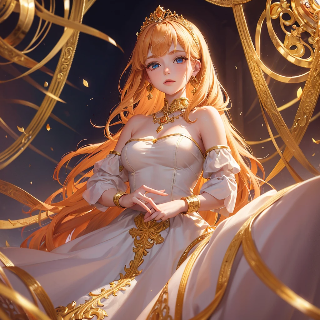 A girl name portia, golden hair red dress of princesses doughterof a king most beautiful eyes  ,really semetrical nose,earings of gold like a queen, here eyes follows where evere looked from most beaitiful face, princesses dress,proper hand with long fingers beautiful lines bangels in hand bid , 