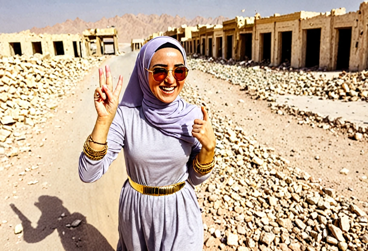 Pale skin Kurdish sunglasses woman in hijab standing in demolished street desert laughing thumb sign Golden bracelet 