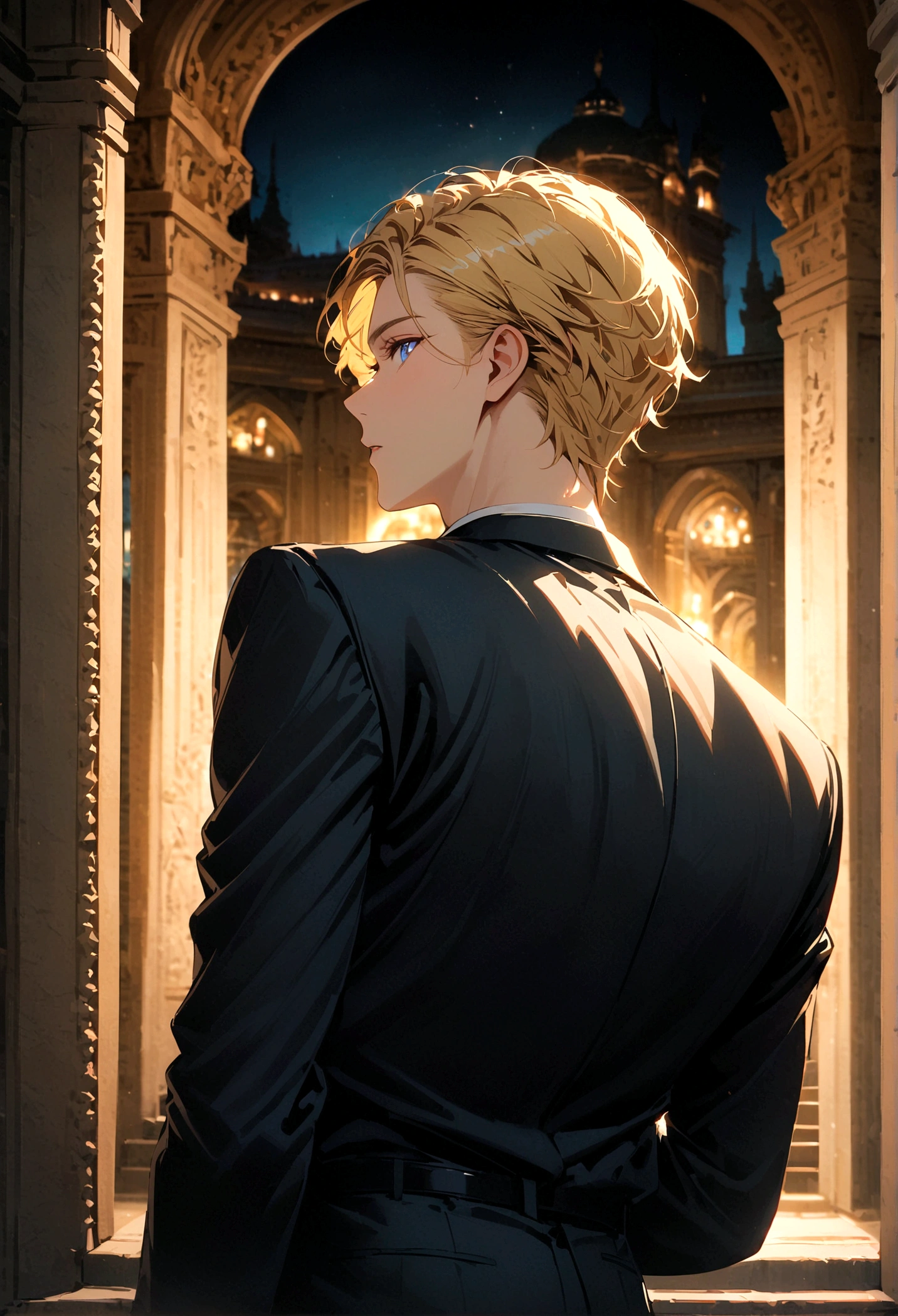 A young man with blond hair and blue eyes in a black suit turned his back and half his face in the middle of the palace at night.