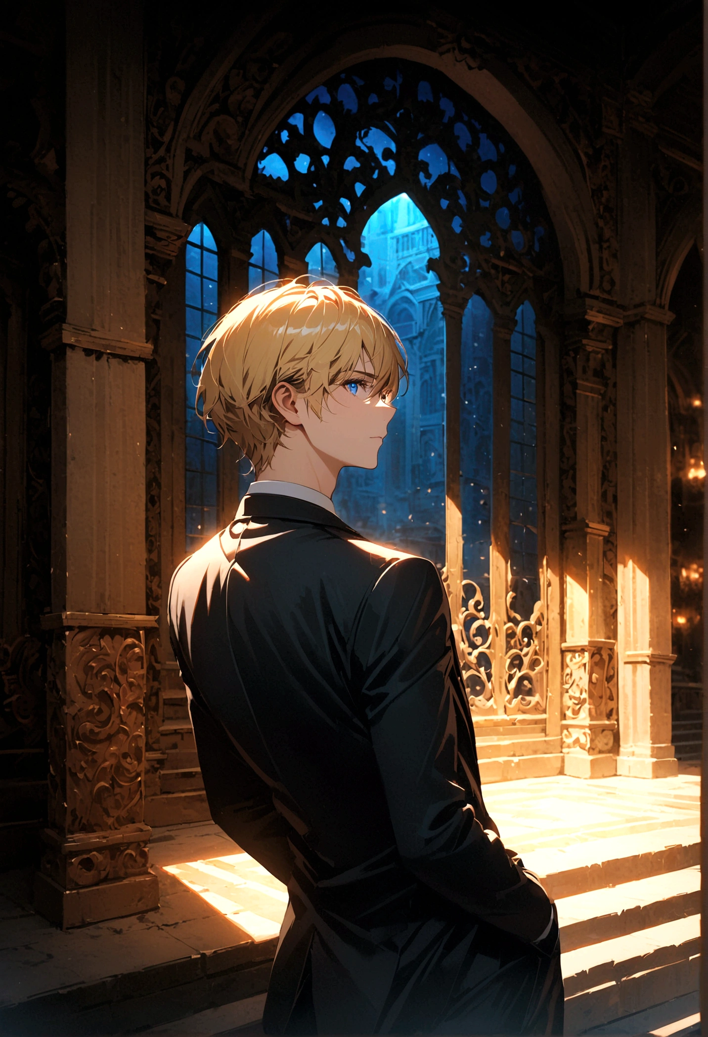 A young man with blond hair and blue eyes in a black suit turned his back and half his face in the middle of the palace at night.