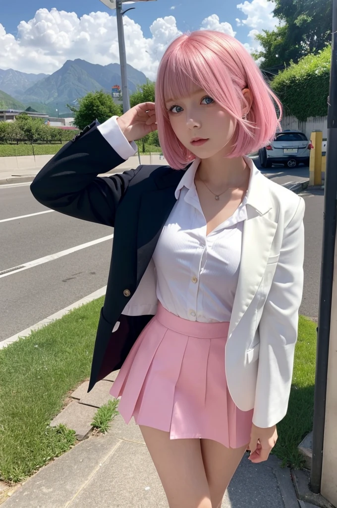Pink Hair,Very Short Hair,blue eyes,White blouse,Black blazer,Young Girl,mini skirt,uniform、sexy、valley
