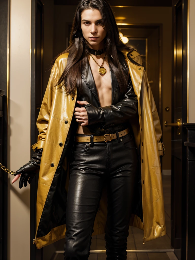 Androgynous looking man with long hair wearing a mustard jacket, black gloves , a gold necklace , black leather boots in perfect details, skinny jeans