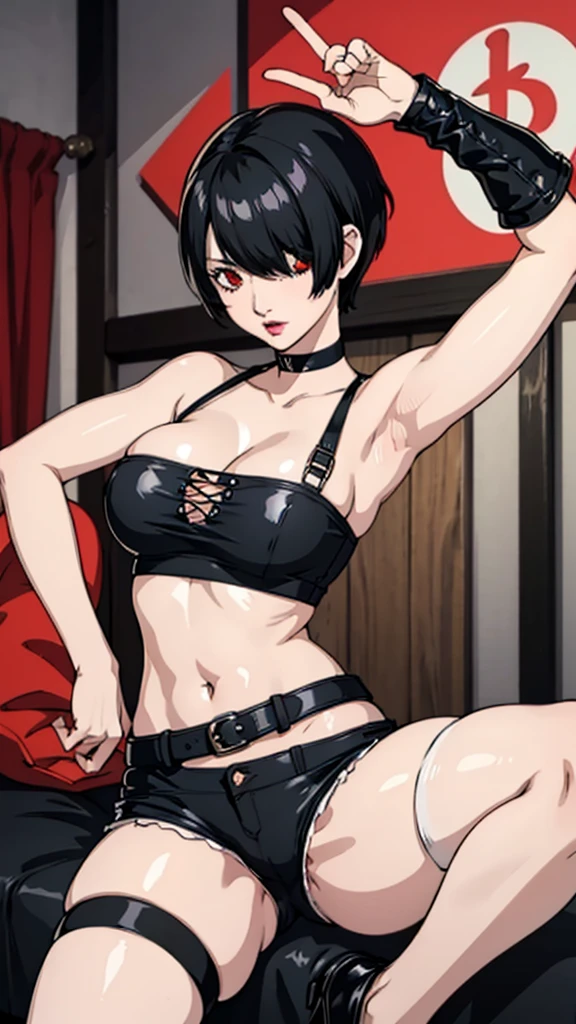 1 girl, milf, Red eyes, very Short hair, hair over one eye, black choker, lipstick, sad, black hair, tomboy Pixie haircut, tomboy Pixie haircut, white bandeau, extreme micro shorts, Open fly, white stockings, huge breast, cowboy shot, sit, bedroom, armpits, arma up, thicc legs