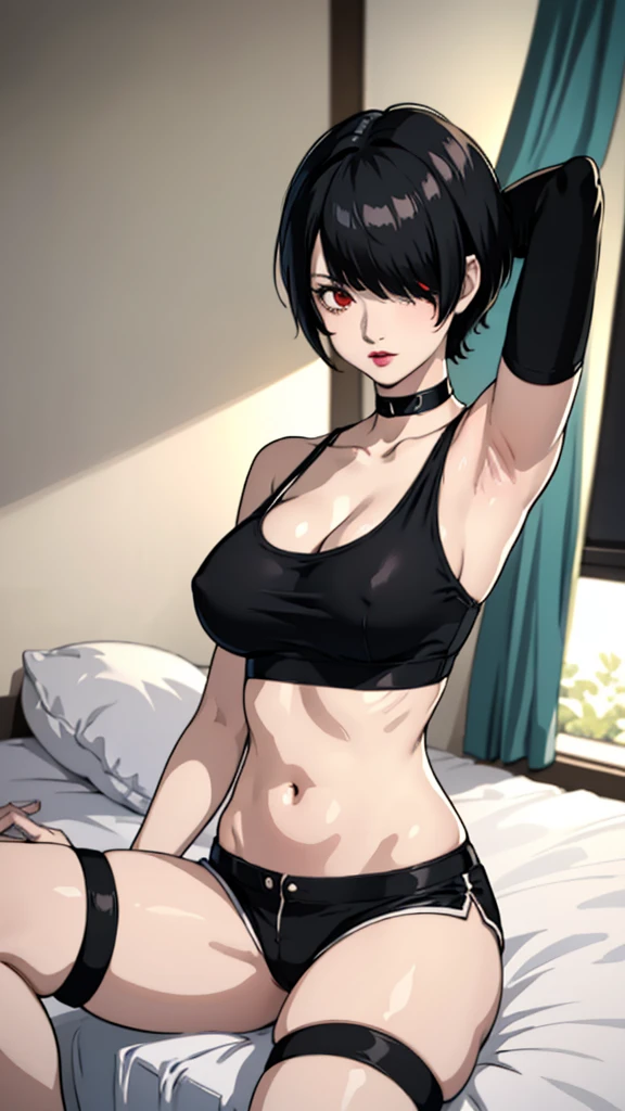 1 girl, , Red eyes, very Short hair, hair over one eye, black choker, lipstick, sad, black hair, tomboy Pixie haircut, tomboy Pixie haircut, white bandeau, extreme micro shorts, Open fly, white stockings, huge breawboy shot, sit, bedroom, armpits, arma up, thicc legs