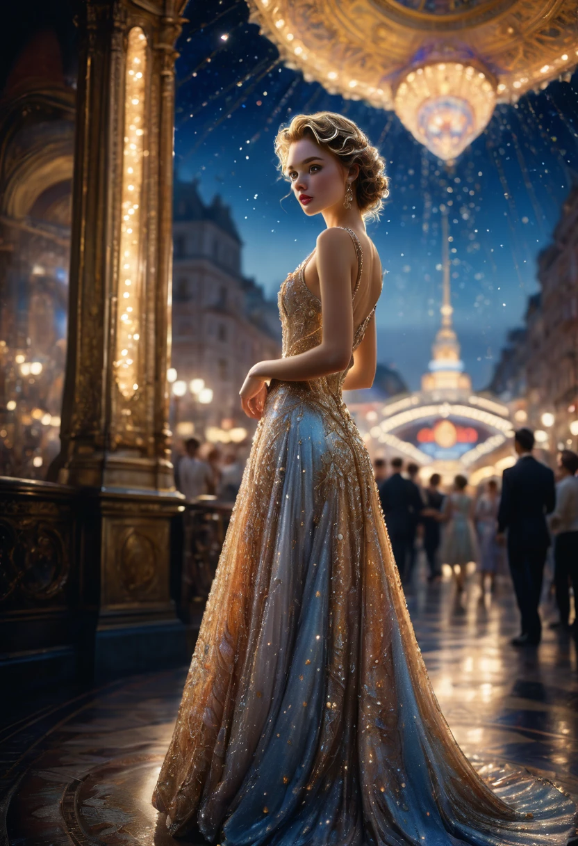 Evening Dress, theater, by Drew Struzan, RAWphoto, 35mm photograph, bokeh, best quality, masterpiece, very aesthetic, perfect composition, intricate details, ultra-detailed