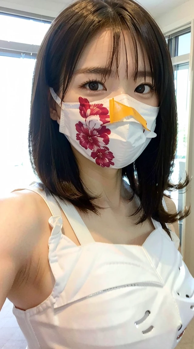 (（Medium Hair、Wearing a white mask:1.5)、(Highest quality、8K、32k、masterpiece、Best Quality）)、（Small breasts、Bikini）Japanese、Very cute 、room、Selfie
