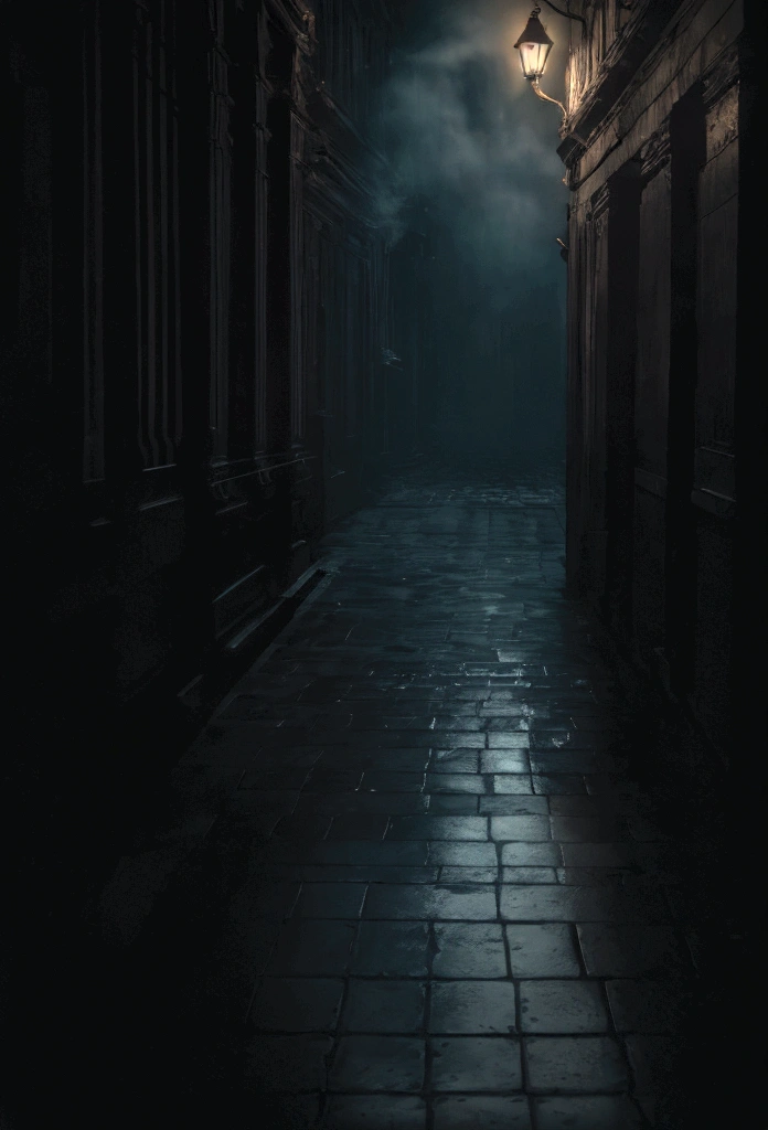 a dark and mysterious street scene, dancing wind, cinematic lighting, dark moody atmosphere, detailed architectural elements, reflective puddles, dramatic shadows, mist or fog, glowing streetlights, detailed brickwork, intricate window frames, wet cobblestone pavement, (best quality,4k,8k,highres,masterpiece:1.2),ultra-detailed,(realistic,photorealistic,photo-realistic:1.37),moody,dramatic,dark fantasy,chiaroscuro