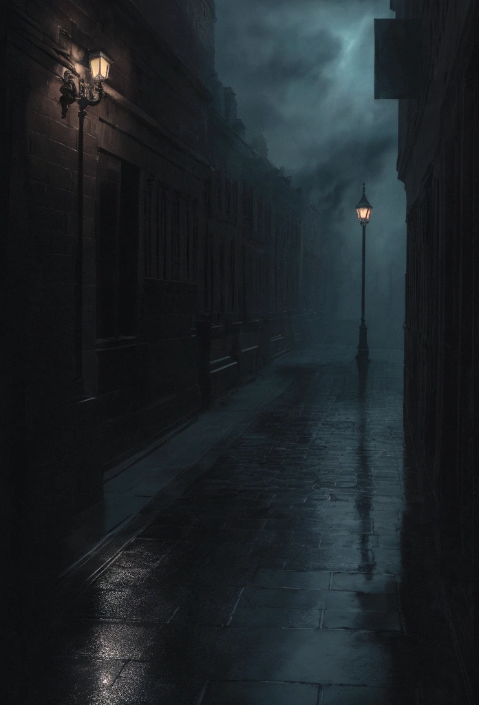 a dark and mysterious street scene, dancing wind, cinematic lighting, dark moody atmosphere, detailed architectural elements, reflective puddles, dramatic shadows, mist or fog, glowing streetlights, detailed brickwork, intricate window frames, wet cobblestone pavement, (best quality,4k,8k,highres,masterpiece:1.2),ultra-detailed,(realistic,photorealistic,photo-realistic:1.37),moody,dramatic,dark fantasy,chiaroscuro