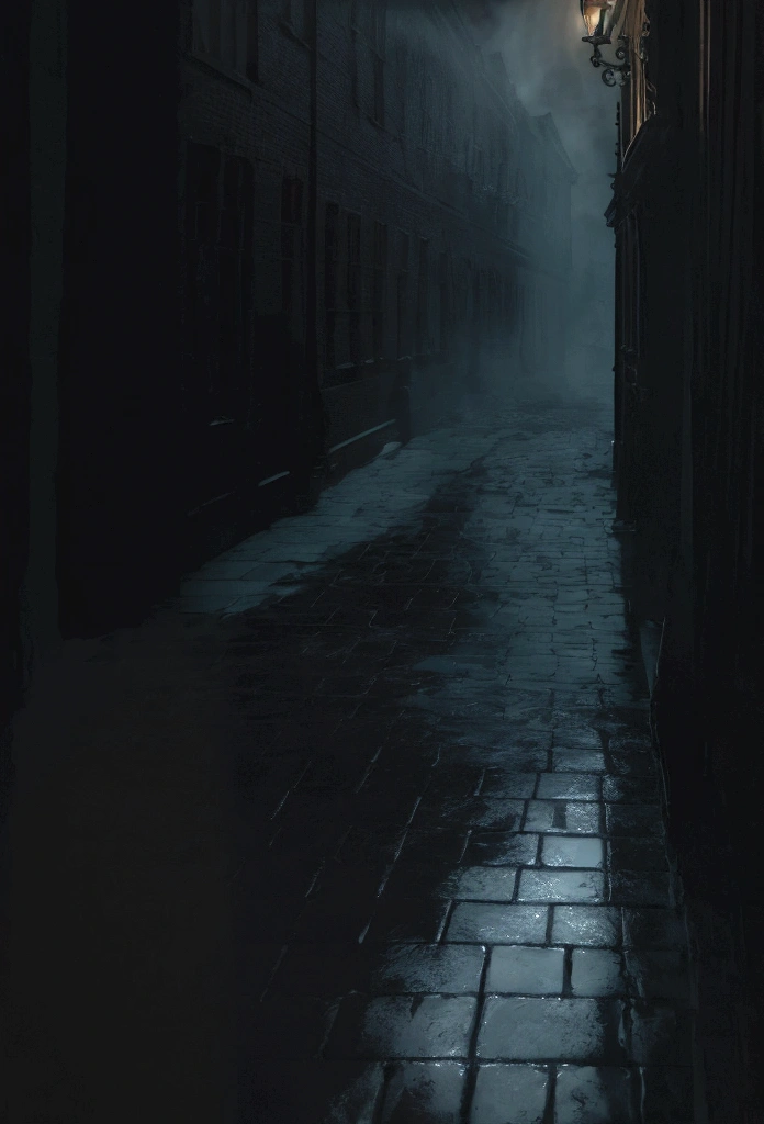 a dark and mysterious street scene, dancing wind, cinematic lighting, dark moody atmosphere, detailed architectural elements, reflective puddles, dramatic shadows, mist or fog, glowing streetlights, detailed brickwork, intricate window frames, wet cobblestone pavement, (best quality,4k,8k,highres,masterpiece:1.2),ultra-detailed,(realistic,photorealistic,photo-realistic:1.37),moody,dramatic,dark fantasy,chiaroscuro