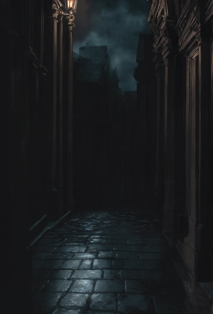 a dark and mysterious street scene, dancing wind, cinematic lighting, dark moody atmosphere, detailed architectural elements, reflective puddles, dramatic shadows, mist or fog, glowing streetlights, detailed brickwork, intricate window frames, wet cobblestone pavement, (best quality,4k,8k,highres,masterpiece:1.2),ultra-detailed,(realistic,photorealistic,photo-realistic:1.37),moody,dramatic,dark fantasy,chiaroscuro