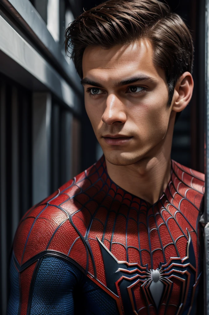 A photograph of spider man, no mask, 20 yo, handsome, detailed face, looking at camera, portrait, 8k uhd, high quality