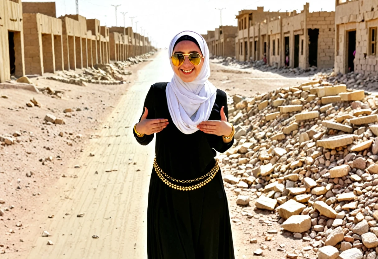 Pale skin Kurdish sunglasses woman in hijab standing in demolished street desert smiling thumb sign Golden bracelet
