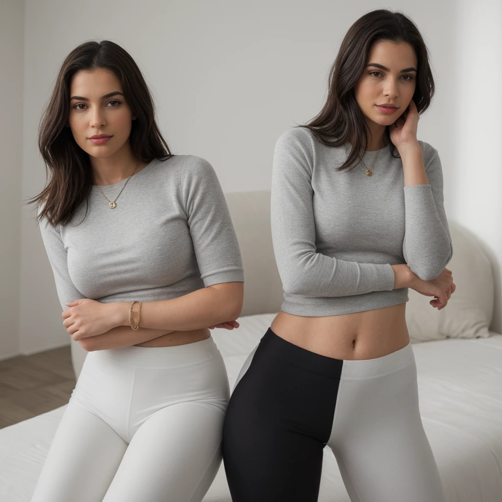 seule, demoiselle seule, Demoiselle colombienne, metisse, peau maron, seule, latina,  portant un pull à col roulé gris et un pantalon de yoga de marque, lululemon, belle femme, seule, forme du corps courbée, forme du corps en sablier, taille medium, seins ajustés, butin courbé, cheveux longs,confortable, maison, poser pour une photo, mise au point du sujet, prendre la pose, souriant, éclairage parfait, bijoux, se maquiller, 24mm, textures 4k, regarder le spectateur, établir un contact visuel, ultra Réaliste, 8k