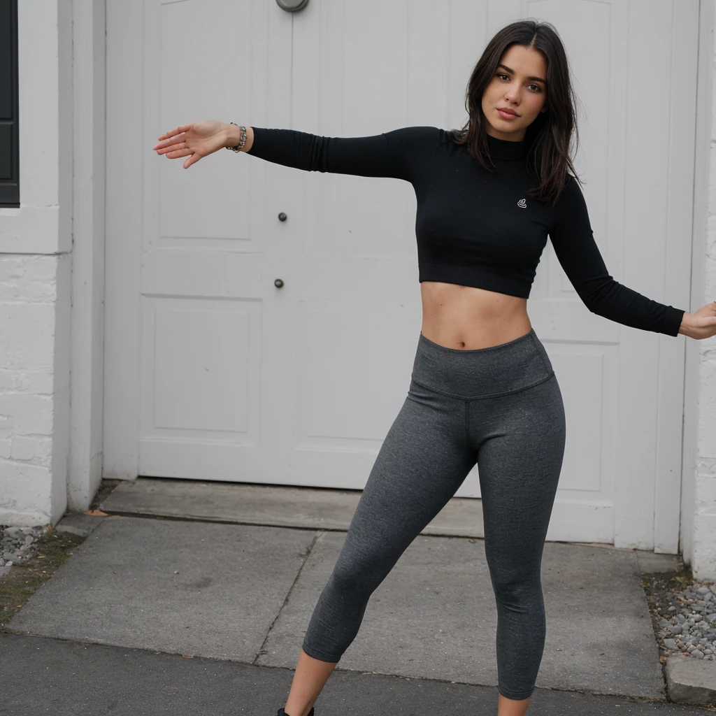 seule, demoiselle seule, Demoiselle colombienne, metisse, peau maron, seule, latina, portant un pull à col roulé gris et un pantalon de yoga de marque, lululemon, belle femme, seule, forme du corps courbée, forme du corps en sablier, taille medium, seins ajustés, butin courbé, cheveux longs,confortable, maison, poser pour une photo, mise au point du sujet, prendre la pose, souriant, éclairage parfait, bijoux, se maquiller, 24mm, textures 4k, regarder le spectateur, établir un contact visuel, ultra Réaliste, 8k