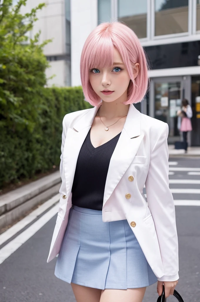 Pink Hair,Very Short Hair,blue eyes,White blouse,Black blazer,Young Girl,mini skirt,uniform、sexy、valley、pretty girl