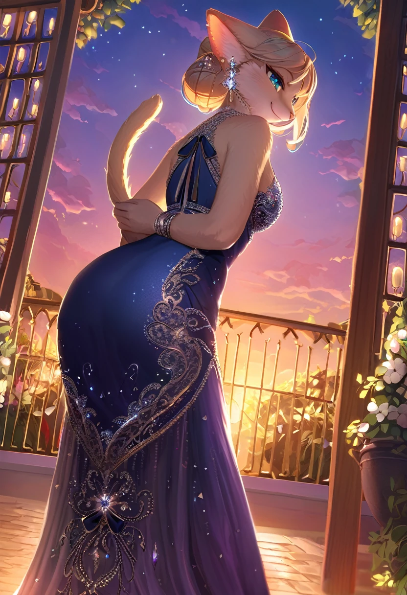 ((Masterpiece)), ((Best Quality)), (Very Detailed), ((Very Detailed)), 4K, (8K), very aesthetic, absurdres highres, 1 female, anthropomorphic cat, furry, kemono, solo, A woman in a deep navy blue silk evening dress stands gracefully and smiles at an outdoor party at sunset. Soft moonlight and sparkling chandelier light illuminated the dress's delicate lace trim and Swarovski crystal embellishments. The woman's hair is tied up in an updo, and diamond earrings sparkle in her ears.