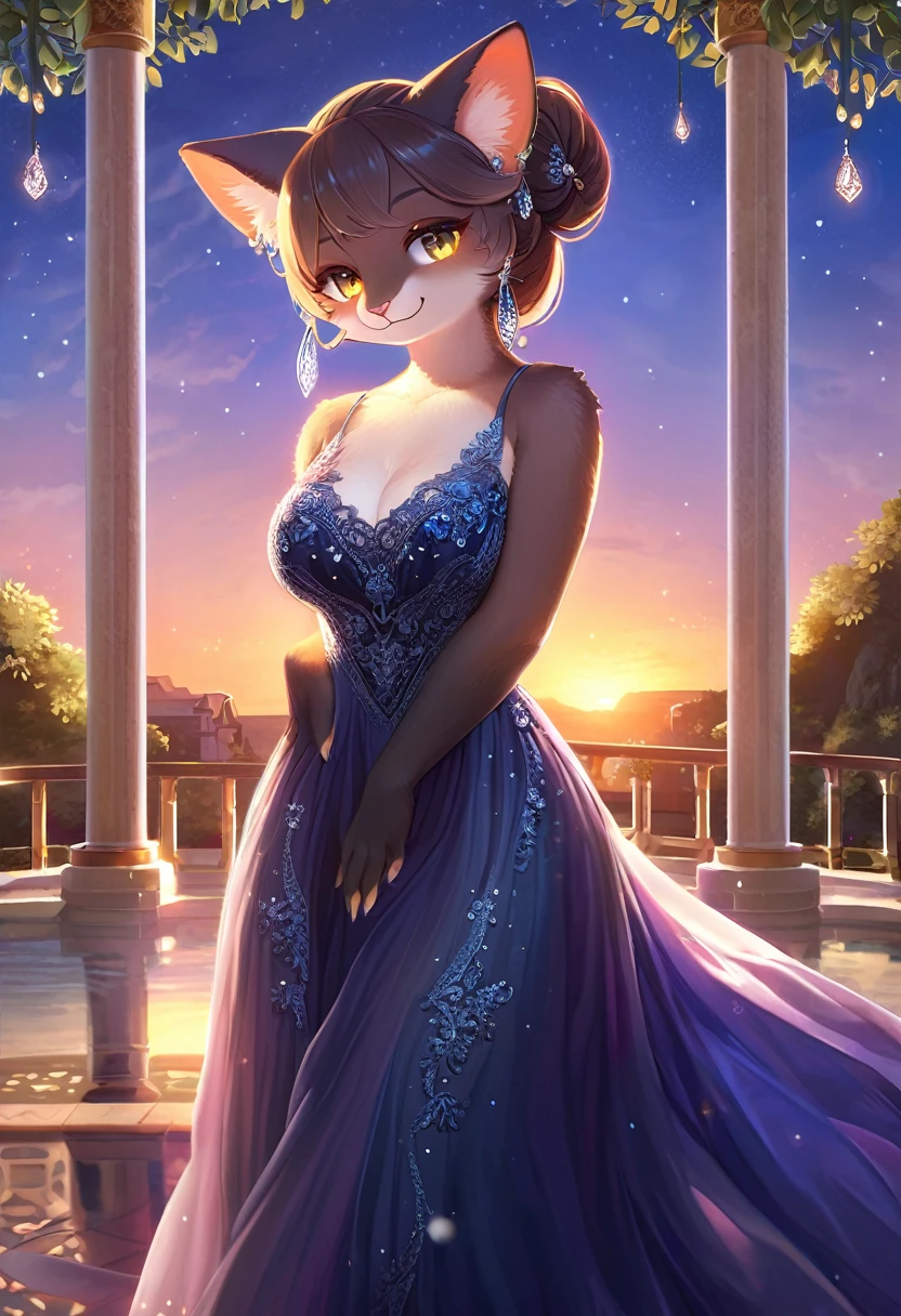 ((Masterpiece)), ((Best Quality)), (Very Detailed), ((Very Detailed)), 4K, (8K), very aesthetic, absurdres highres, 1 female, anthropomorphic cat, furry, kemono, solo, A woman in a deep navy blue silk evening dress stands gracefully and smiles at an outdoor party at sunset. Soft moonlight and sparkling chandelier light illuminated the dress's delicate lace trim and Swarovski crystal embellishments. The woman's hair is tied up in an updo, and diamond earrings sparkle in her ears.